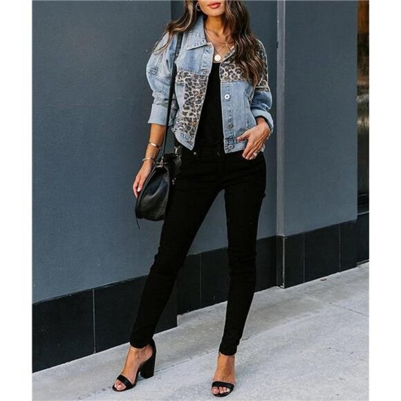 Cheetah Printed Light Wash Denim Jean Jacket Cropped Denim Trucker Jacket - Picture 5 of 7